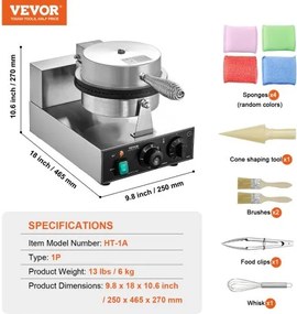 VEVOR Electric Ice Cream Cone Maker Commercial Waffle Cone Egg Roll 1230W