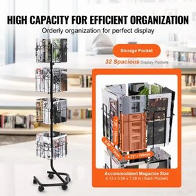 VEVOR Brochure Display Rack 32-Pocket Rotating Literature Display Stand 5 Wheels