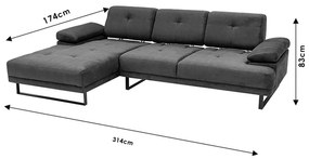 Γωνιακός καναπές με δεξιά γωνία PWF-0586 pakoworld ύφασμα ανθρακί 314x174x83εκ - Ύφασμα - 071-001460