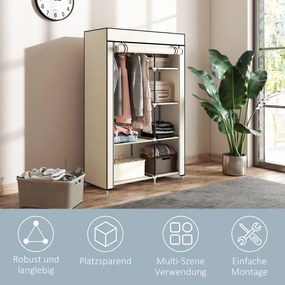 Υφασμάτινη Ντουλάπα, Λύση Αποθήκευσης, 6 Ράφια, 1 Ράβδος Ρούχων, Μπεζ