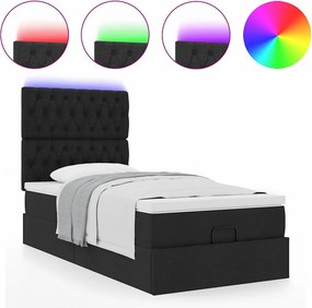 vidaXL Οθωμανικό κρεβάτι με στρώμα &amp; LEDs Μαύρο 100x200 cm Ύφασμα