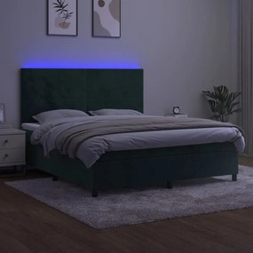 Κρεβάτι Boxspring με Στρώμα &amp; LED Σκ. Πράσινο 160x200εκ Βελούδο - Πράσινο