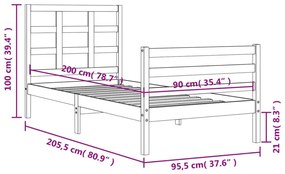 Πλαίσιο Κρεβατιού με Κεφαλάρι Μελί 90 x 200 εκ. από Μασίφ Ξύλο - Καφέ