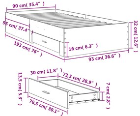 Πλαίσιο Κρεβατιού με Συρτάρια Γκρι Sonoma 90x190εκ. Επεξ. Ξύλο - Γκρι