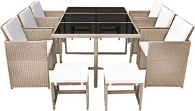 vidaXL Σετ Τραπεζαρίας Εξ. Χώρου 11 τεμ. Μπεζ Συνθ. Ρατάν με Μαξιλάρια