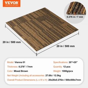 VEVOR Carpet Tiles Reusable, 20&quot;x 20&quot;Carpet Squares With Padding Attached, Soft Padded Carpet Tiles, Easy Install DIY for Bedroom Living Room (12Tiles, Mixed Brown)