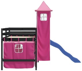 vidaXL Υπερυψωμένο Κρεβάτι με Πύργο Ροζ 90x190 εκ. Μασίφ Ξύλο Πεύκου