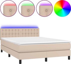 vidaXL Κρεβάτι Boxspring Στρώμα&amp;LED Καπουτσίνο 140x190 εκ. Συνθ. Δέρμα