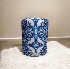 Stewehome Στρογγυλό Πουφ Bleu Blanc Βελούδο Μπλε(Λευκό) 32x40 cm