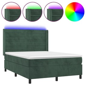 Κρεβάτι Boxspring με Στρώμα &amp; LED Σκ. Πράσινο 140x190εκ Βελούδο - Πράσινο