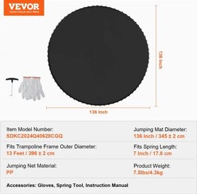 VEVOR Replacement Trampoline Mat Fits 13ft Frame 80 V-Rings 7" Spring Length