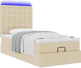 vidaXL Οθωμανικό κρεβάτι με στρώμα &amp; LEDs Cream 90x200 cm Ύφασμα
