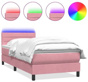 vidaXL Κρεβάτι Boxspring με Στρώμα &amp; LED Ροζ 90x220 εκ. Βελούδινο