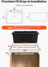 VEVOR 63 cm Granite Kitchen Sink Top Mount Single Bowl Drop-In Basin for RV Bar