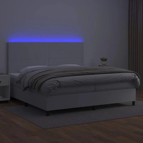 vidaXL Κρεβάτι Boxspring με Στρώμα & LED Λευκό 200x200 εκ. Συνθ. Δέρμα