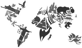 Εικόνα στον παγκόσμιο χάρτη από φελλό με σύμβολα μεμονωμένων ηπείρων σε μαύρο & άσπρο - 90x60  wooden