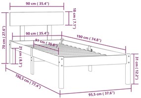 Πλαίσιο Κρεβατιού Γκρι 90 x 190 εκ. Μασίφ Ξύλο Πεύκου Single - Γκρι