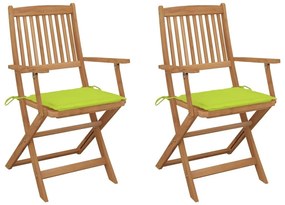 Καρέκλες Κήπου Πτυσσόμενες 2 τεμ Μασίφ Ξύλο Ακακίας &amp; Μαξιλάρια - Πράσινο
