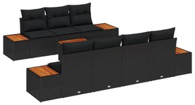 vidaXL Σετ Καναπέ Κήπου 8 Τεμαχίων με Μαξιλάρια Μαύρο Πολυ Ρατάν