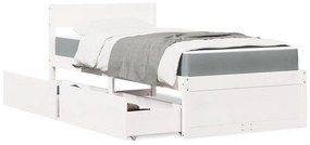 Κρεβάτι με Συρτάρια+Στρώμα Λευκό 90x190 εκ. Μασίφ Ξύλο Πεύκου