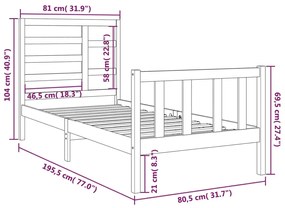 vidaXL Πλαίσιο Κρεβατιού Λευκό 75x190 εκ. Μασίφ Ξύλο Small Single