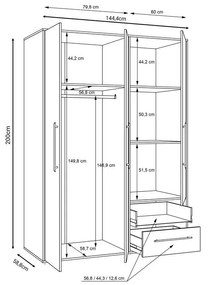 Ντουλάπα ρούχων Razol τρίφυλλη λευκό-sonoma μελανίνης 144.5x59x200εκ 144.5x59x200 εκ.