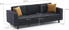 Τριθέσιος Καναπές Ανθρακί KALE VELVET 91x222x83