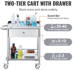 VEVOR Medical Cart, 2 Layers Stainless Steel Cart 220 lbs Weight Capacity,  Lab Utility Cart with 360° Silent Wheels and a Drawer for Lab, Clinic, Kitchen, Salon