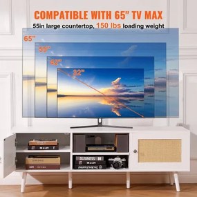 VEVOR Rattan TV Stand for 65&quot; TV Boho TV Stand with Build-in Socket White