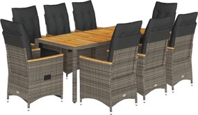 vidaXL Σετ Τραπεζαρίας Κήπου 9 τεμ. Γκρι Συνθ. Ρατάν με Μαξιλάρια
