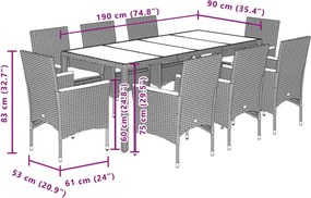 vidaXL Σετ Τραπεζαρίας Κήπου 9 τεμ. Μπεζ Συνθ.Ρατάν/Γυαλί με Μαξιλάρια