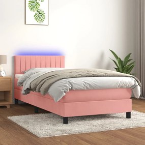 Κρεβάτι Boxspring με Στρώμα &amp; LED Ροζ 100x200 εκ. Βελούδινο
