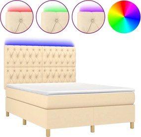 vidaXL Κρεβάτι Boxspring με Στρώμα &amp; LED Κρεμ 140x200 εκ. Υφασμάτινο