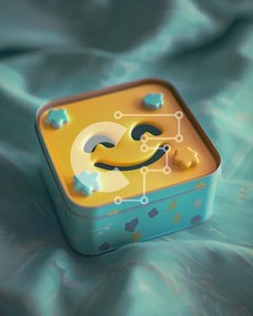 Intra Συλλεκτικό Ξύλινο Παζλ Plywood 4mm - Κίτρινο Smiley Face Τσιγκένιο κουτί σε μπλε κουβέρτα Σε Ξύλινο Κουτί - Διαστάσεις: 10x10 cm – 25 κομμάτια