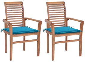 Καρέκλες Τραπεζαρίας 2 τεμ. Μασίφ Ξύλο Teak με Μπλε Μαξιλάρια