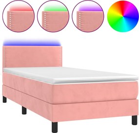 vidaXL Κρεβάτι Boxspring με Στρώμα &amp; LED Ροζ 100x200 εκ. Βελούδινο