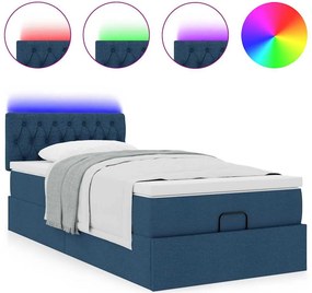 vidaXL Οθωμανικό κρεβάτι με στρώμα &amp; LEDs Μπλε 90x190cm ύφασμα