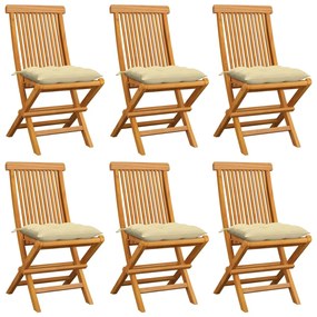 vidaXL Καρέκλες Κήπου 6 τεμ. Μασίφ Ξύλο Teak με Λευκά/Κρεμ Μαξιλάρια