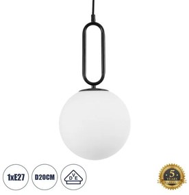 BELLISSIMO 61489 Μοντέρνο Κρεμαστό Φωτιστικό Μπάλα Μονόφωτο 1 x E27 IP20 Λευκό Γυαλί με Μαύρο Μέταλλο-Μ20 x Π20 x Υ Globostar 61489 Μαύρο-Λευκό