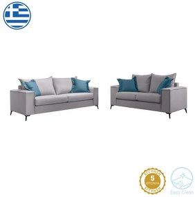 Σετ σαλονιού 2τεμ Verona pakoworld ανοιχτό γκρι ύφασμα με μαξιλάρια σε μπλε απόχρωση