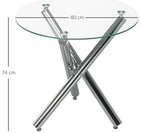 HOMCOM τραπέζι τραπεζαρίας, στρογγυλή επιφάνεια από σκληρό γυαλί, χωρίς πλαίσιο, για 2-4 άτομα, ατσάλινα πόδια, 80 x 80 x 74 cm