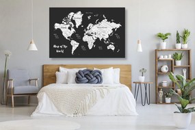 Εικόνα σε φελλό ενός ασπρόμαυρου μοναδικού παγκόσμιου χάρτη - 90x60  flags