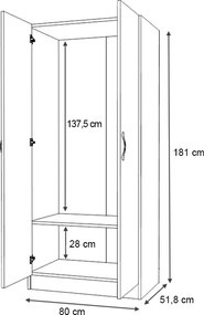 Ντουλάπα ρούχων Vivian Megapap δίφυλλη χρώμα λευκό 80x51,8x181εκ.