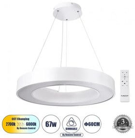 Κρεμαστό Φωτιστικό Δαχτυλίδι CCT 67W Φ60cm Αλουμίνιο Globostar 61195 Λευκό