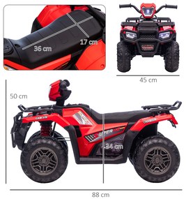 HOMCOM Ηλεκτρικό Τετράτροχο για Παιδιά, μέγιστο 4 km/h, από 3 ετών, προβολείς LED, σύνδεση μουσικής, μαύρο+κόκκινο 88 x 45 x 50 cm