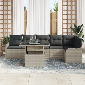 vidaXL Σετ Καναπέ Κήπου 7 Τεμαχίων με Μαξιλάρια Ανοιχτό Γκρι Πολυ Ρατάν