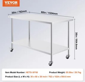 VEVOR Stainless Steel Work Table Commercial Prep Table 30x60 Inch With 4 Casters