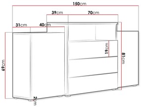 Σιφονιέρα Sarasota 127, Άσπρο, Γυαλιστερό λευκό, Με συρτάρια και ντουλάπια, Αριθμός συρταριών: 3, 81x150x39cm, 56 kg | Epipla1.gr