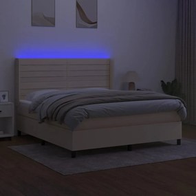 Κρεβάτι Boxspring με Στρώμα &amp; LED Κρεμ 160x200 εκ. Υφασμάτινο - Κρεμ