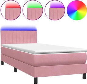 vidaXL Κρεβάτι Boxspring με Στρώμα &amp; LED Ροζ 80x220 εκ. Βελούδινο